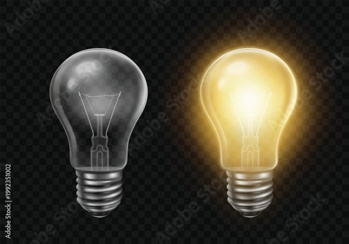 Realistic light bulb vector set with glowing and unlit incandescent lamps, transparent background, 3D glass bulbs with metallic screw base and warm illumination effect