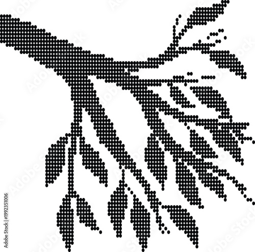 Botanical branch with leaves depicted in monochrome halftone dot pattern for nature design.