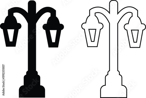 Street lamp lantern light icon set collection group in black flat and line style, vintage streetlight lamppost lighting symbol bundle, urban outdoor illumination graphic pack, classic city light desig