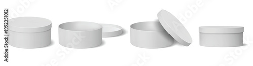 3D round boxes vector set with open and closed cylindrical packaging containers, blank white jar mockups with removable lids, realistic cosmetic box templates in perspective view