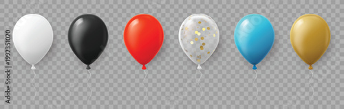 3D balloons vector set with white, black, red, blue and gold helium party decorations, realistic glossy latex balloons and transparent confetti balloon isolated on background