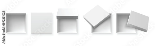 Realistic square box top view vector set with open and closed gift packaging mockups, blank white cardboard containers with removable lids, clean 3D package templates