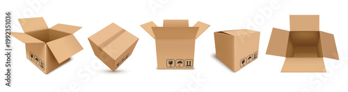 Cardboard parcel boxes open and closed realistic 3D vector packaging set with shipping symbols, brown carton delivery mockup for logistics, ecommerce and moving
