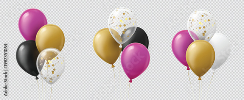 Birthday party balloons bunches with pink, gold, black and white glossy helium latex balloons and transparent confetti balloon, realistic 3D vector decoration set isolated