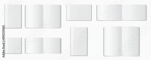 Realistic book mockups with open and closed hardcover pages in square, vertical and horizontal formats, blank 3D vector set for catalog, magazine, album and editorial layout