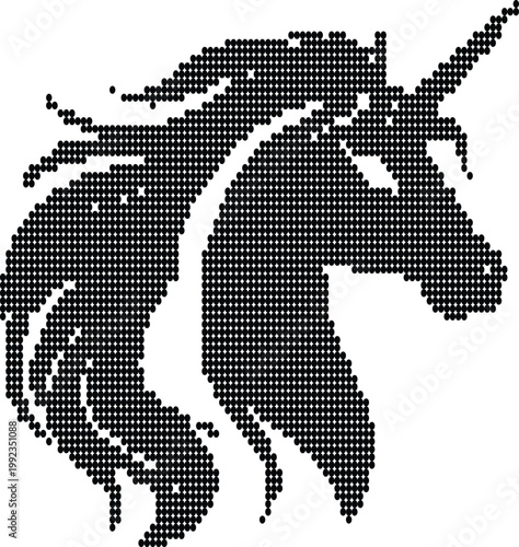 Mystical unicorn head profile with flowing mane created using black halftone dot technique.