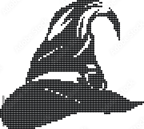 Silhouette of witch hat made of dots on transparent background.
