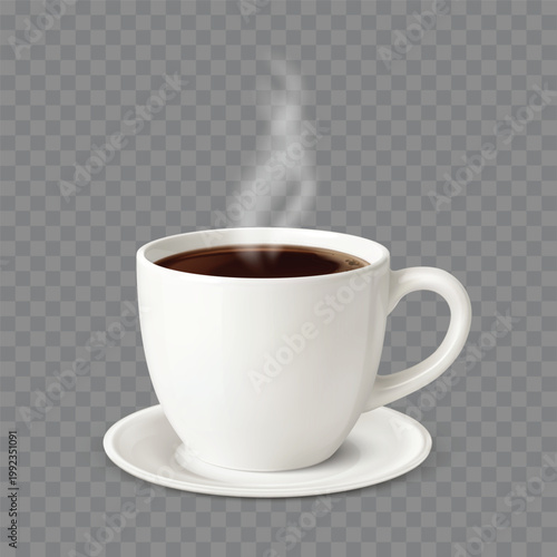 Coffee cup with steam on saucer, realistic 3D white ceramic mug with hot black coffee, aromatic morning beverage vector illustration isolated on transparent background