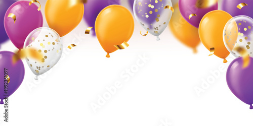 Party balloons border background with gold confetti and ribbon, realistic 3D helium latex balloons in pink, purple and orange, festive copy space banner for birthday or event