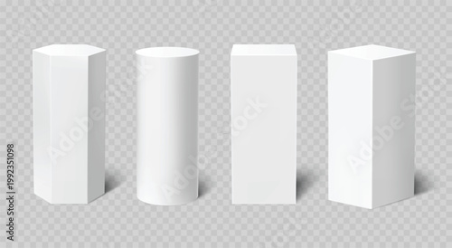 3D podium pedestals in round, rectangular and hexagonal shapes, realistic white display stands and tall geometric platforms for product presentation mockup vector set