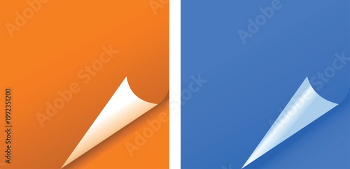 Minimal page curl vector elements on orange and blue geometric backgrounds