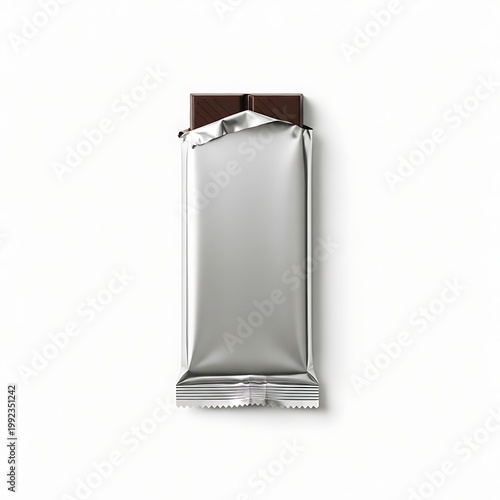 Shiny metallic foil wrapper partially opened on white background