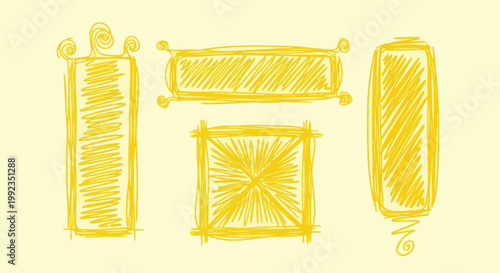 Sketched UI elements, yellow, wireframe buttons, mobile app interface, design components