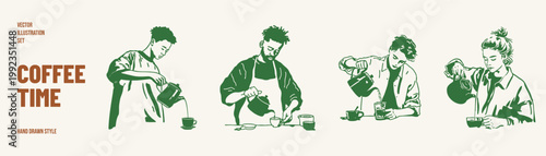 Pouring coffee process barista preparing fresh drinks set. Illustrations for tutorials and cafe promotion. Hand drawn sketch style with dynamic flowing lines.