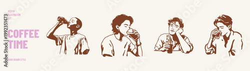 People drinking coffee relaxed moments casual lifestyle scenes. Illustrations for advertising visuals and editorial content. Hand drawn pencil style with soft lively strokes.