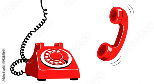 Red vintage rotary telephone with handset off the hook