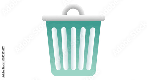 3d stylized teal trash can icon with white lid and handle, waste bin for garbage disposal and recycling