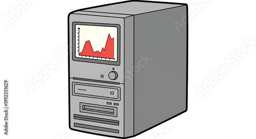 Illustration of an old desktop computer tower with a data graph on the screen