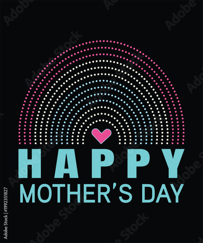 Happy Mother's Day Greeting with Minimalist Dotted Boho Rainbow and Pink Heart on Dark Background