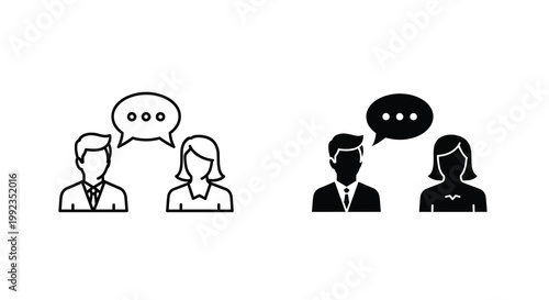 Simple black and white icons depicting pairs of people in conversation