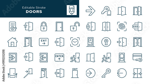 Doors. Set of outline icons. Open, closed and smart door, enter, exit, padlock, lock and key and more. Line icon in linear style. Vector collection
