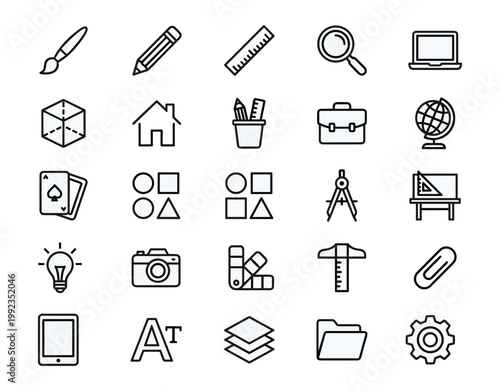 Black and white line icons collection showing creative design education office tools symbols technology equipment artistic academic professional illustration set