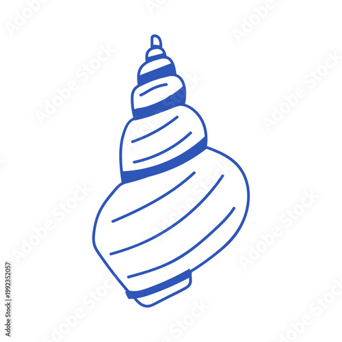 Blue line illustration of a Conch Shell. Cute doodle summer icon.