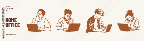 Remote work lifestyle people using laptops daily. Illustrations for freelance content and online business visuals. Hand drawn sketch, pencil style with casual modern characters.
