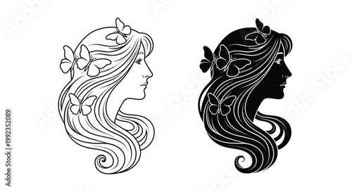 Two contrasting profiles of a woman adorned with butterflies and flowing hair