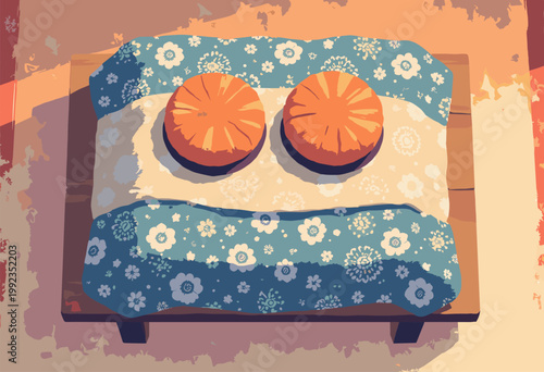 topdown, flat view Kotatsu heated table thick, quilted blanket traditional geometric indigo pattern covers table Two flat orange mandarin circles sit wooden top 2D celshaded style No text