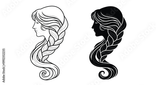 Two elegant portraits of women with long braided hair in profile