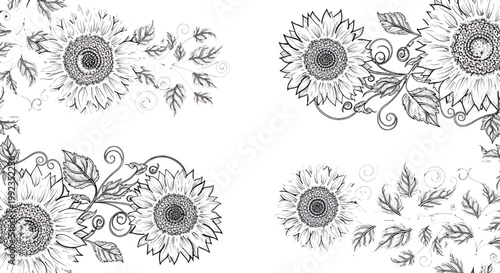 Sunflowers arranged in decorative clusters feature detailed petal linework and leaves on a clean white background.