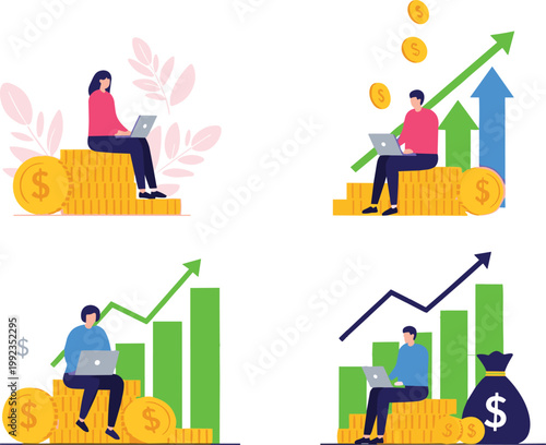 Cartoon illustrated people sitting on gold coins with laptops showing financial growth investment profit success wealth accumulation business artwork scene