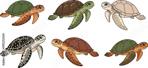 Cartoon illustrated sea turtles with colorful patterned shells expressive eyes detailed flippers aquatic marine animals playful fantasy nature artwork scene