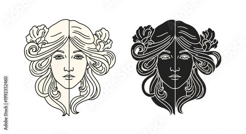 Symmetrical art nouveau portraits of a woman in contrasting tones