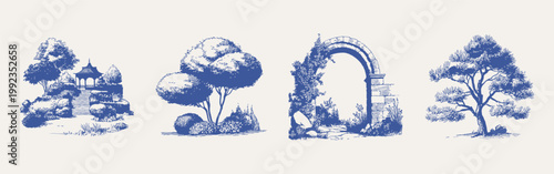 Victorian blue woodland set with trees and ruins. Elegant scenes include castle arches, house gazebos, and botanical clusters. Illustrations for invitations, pencil drawing vector style.