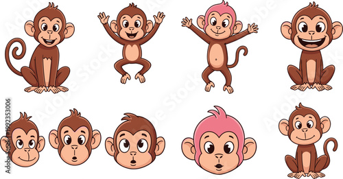 Set of cute cartoon monkey characters and primate faces with different emotions and poses isolated on white background for children graphic design and vector illustration