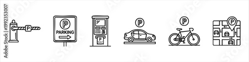 Set of Parking Line Icons: Barrier, Sign, Ticket Machine, Car, Bicycle, and Map Navigation