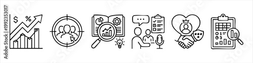 Set of business and marketing line icons representing growth, target audience, market research, communication, customer loyalty, and data analysis in a doodle style.