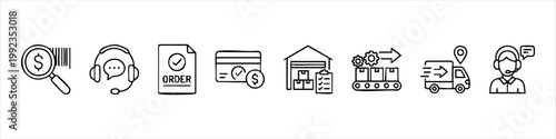 E-commerce and Logistics Process Icon Set: From Product Search and Order to Delivery and Customer Support