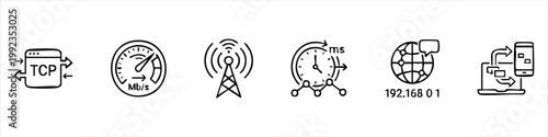Networking and Internet Technology Icon Set: TCP Protocol, Connection Speed, Wireless Signal, Latency, IP Address, and Device Synchronization