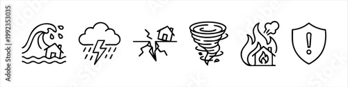 Natural Disaster Icon Set Featuring Flood, Storm, Earthquake, Tornado, Fire, and Safety Shield Symbols. Line Art Emergency and Hazard Prevention Icons.