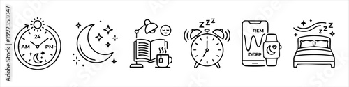 Sleep Cycle and Bedtime Routine Linear Icon Set: Circadian Rhythm, Sleep Tracking App, Alarm Clock, and Healthy Habits Illustrations