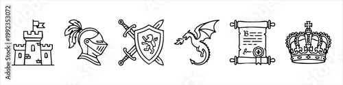 Set of Medieval Fantasy Line Art Icons: Castle, Knight Helmet, Heraldic Shield, Fire Breathing Dragon, Royal Scroll, and Crown