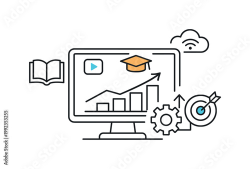 Technical education system supporting knowledge acquisition and continuous learning in digital environments and online platforms, a screen with a simple chart and a small