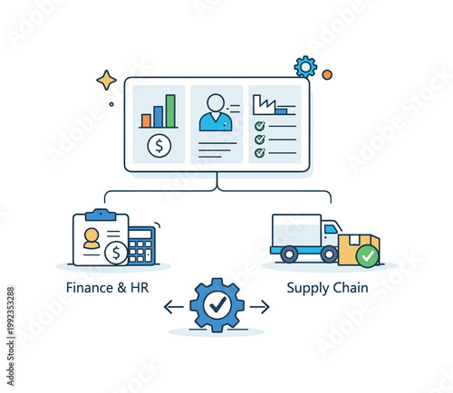 Business operations management focused on integrating company departments and streamlining workflows across finance, HR, and supply chain, a central dashboard connected