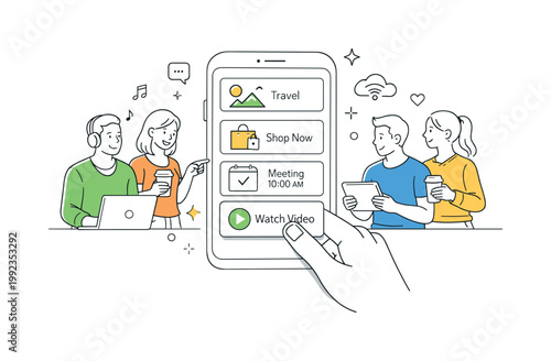 A modern digital lifestyle scenario where users interact seamlessly with apps and services through intuitive mobile experiences, illustrated through a clean scene