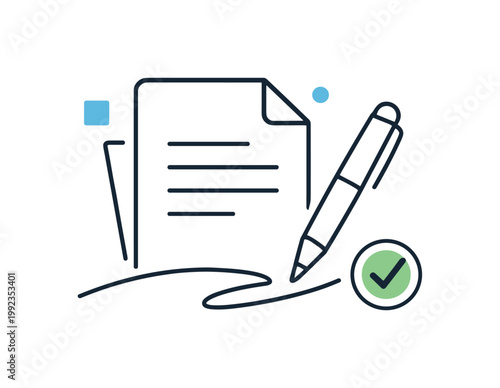 Paperless processes and modern contract management in technology environments, a document paired with a stylized pen stroke line and a small checkmark representing