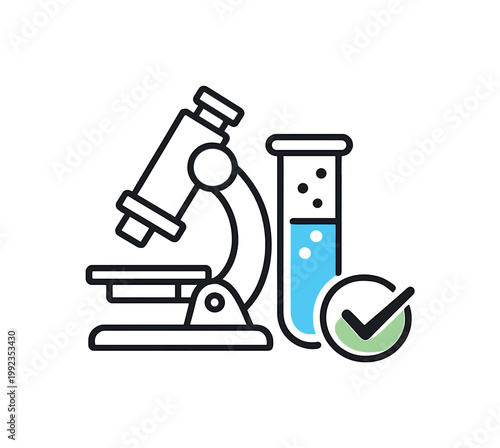Laboratory research focused on scientific experimentation and data analysis in a controlled environment to advance knowledge and innovation, a microscope icon combined