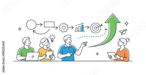 A data flow and process concept where arrows represent transitions, progress, and logical steps within systems, depicted through a simple scene with connected arrows